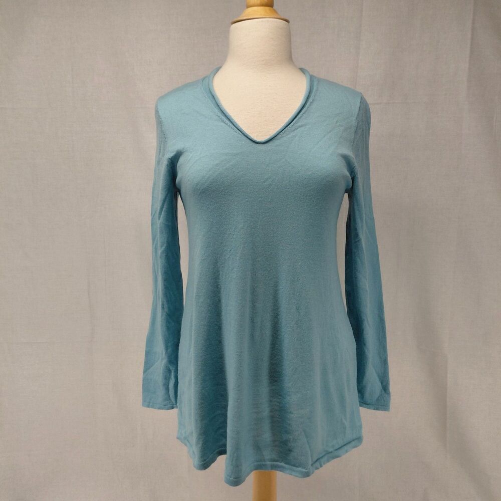 J Jill LS V-Neck Light Blue Sweater w/ Rolled Hems 100% Merino Wool s SZ S